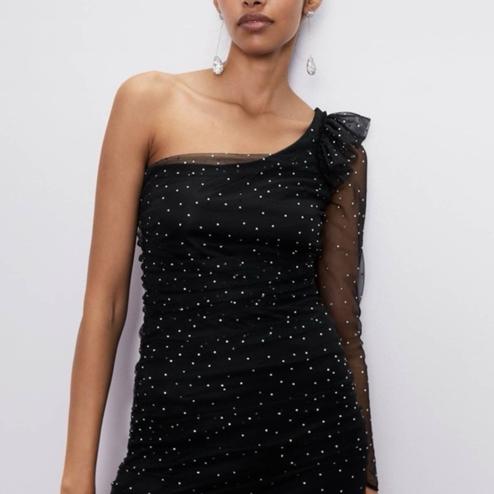 Zara Black One-Shoulder Dress with White Dots